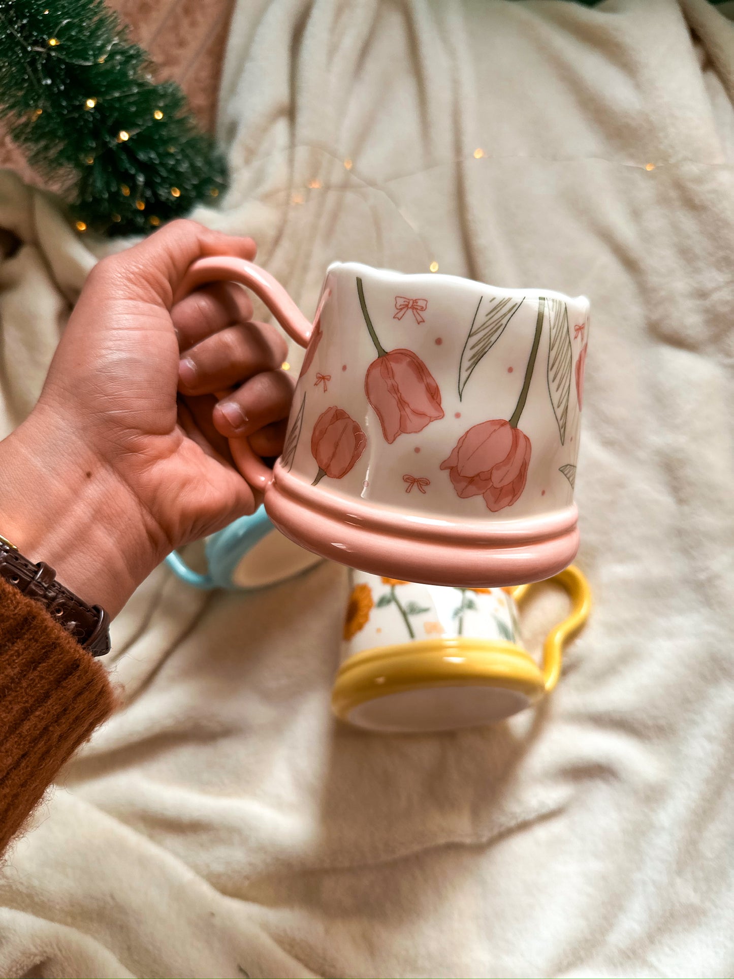 Cute Coffee Mug with colored roses, Handmade