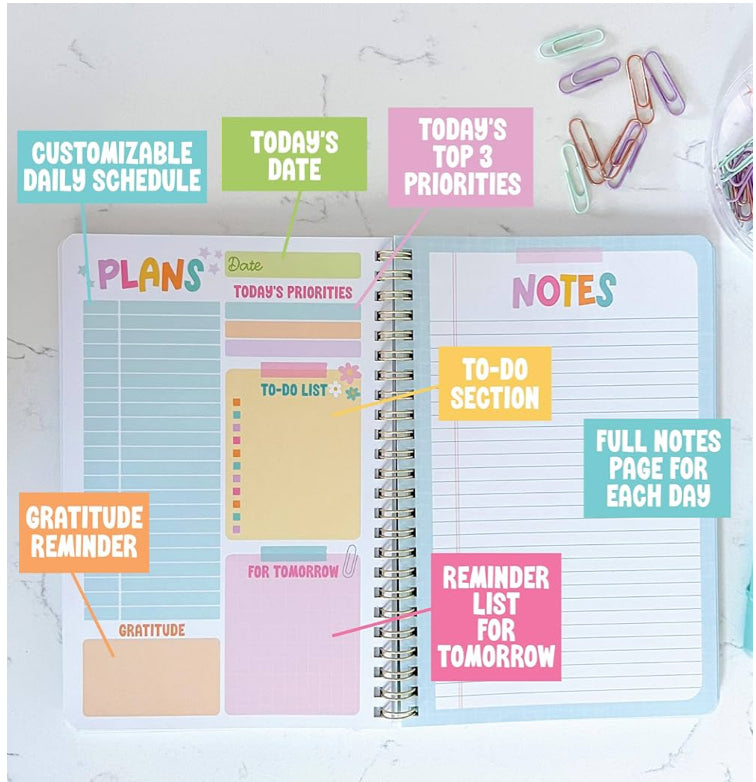 Undated Daily Planner Notebook with Hourly Schedule, To-Do List & Gratitude Section