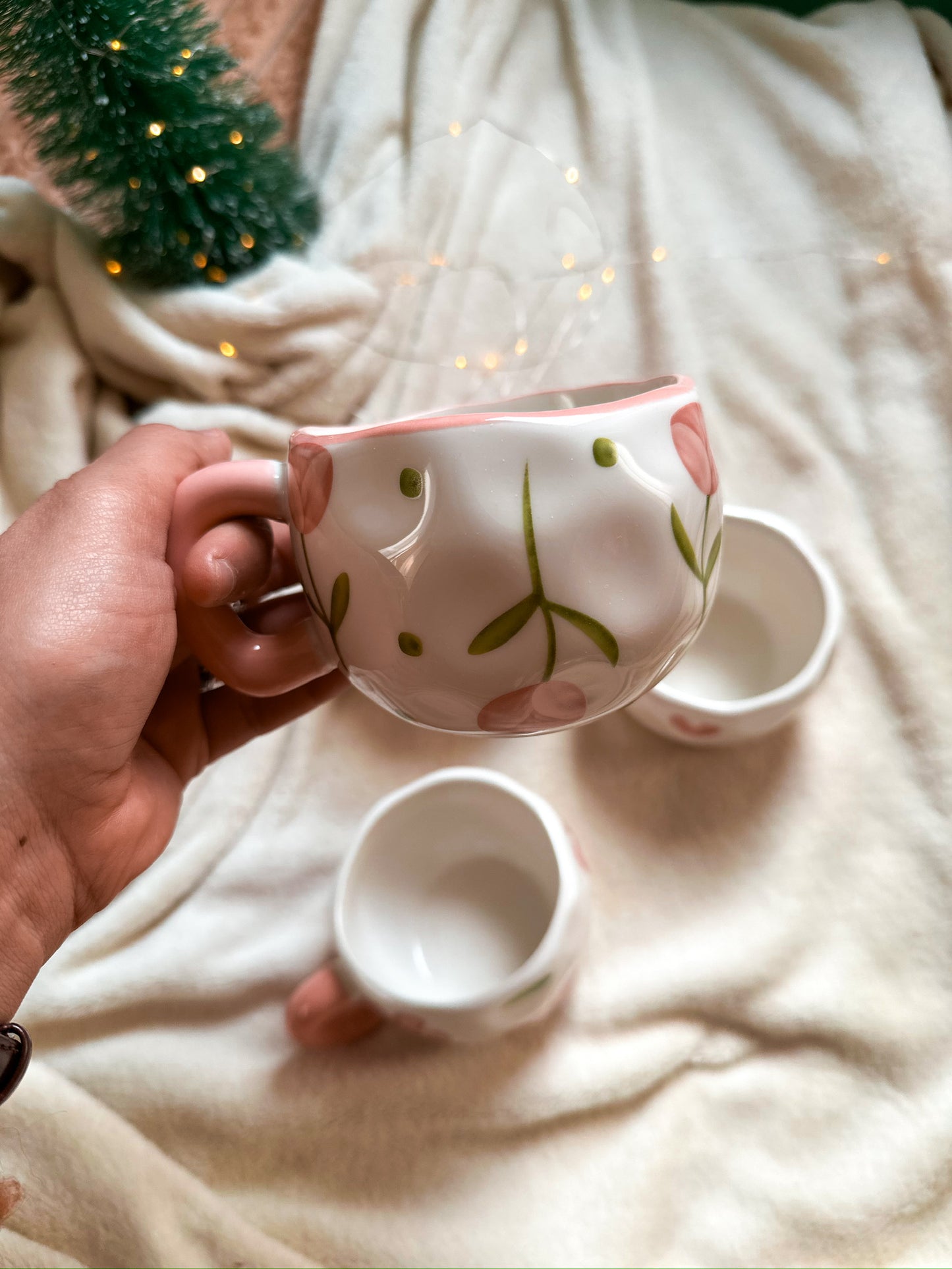Cute Coffee Mug with Pink hearts and roses, Handmade