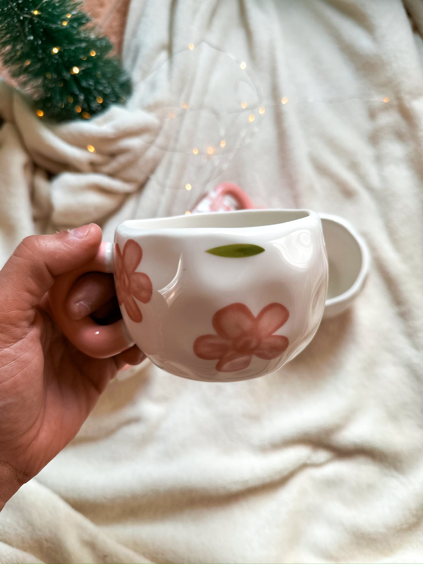 Cute Coffee Mug with Pink hearts and roses, Handmade
