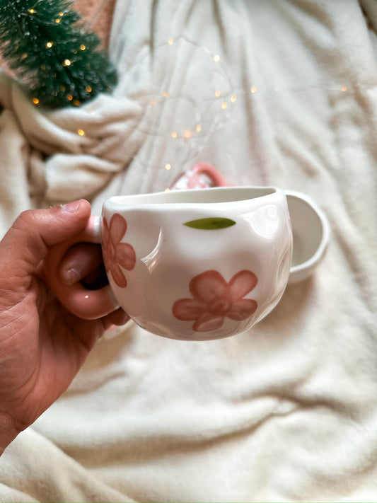 Cute Coffee Mug with Pink hearts and roses, Handmade