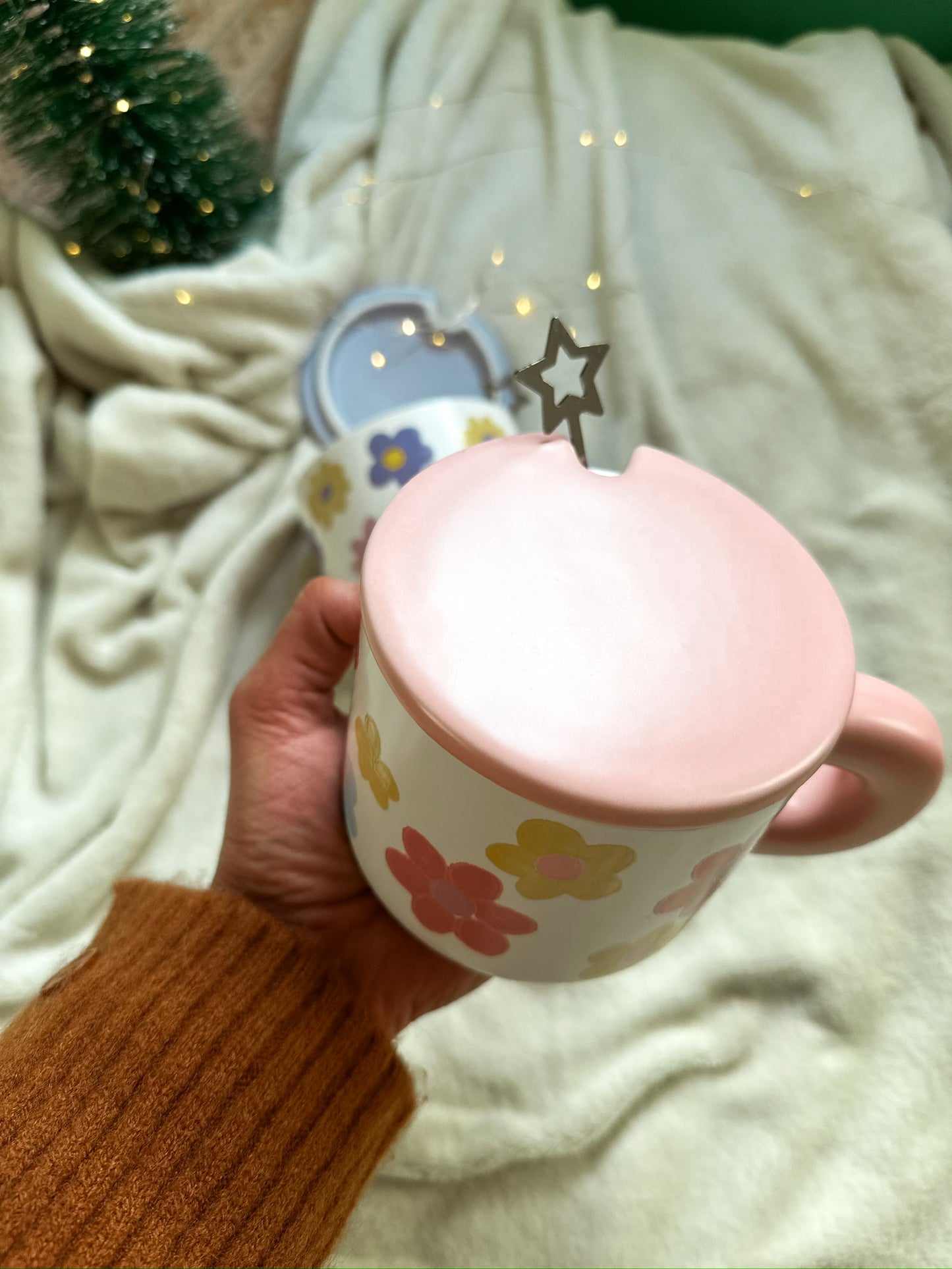 Ceramic handmade cute mug flowers with a spoon