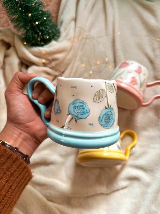 Cute Coffee Mug with colored roses, Handmade