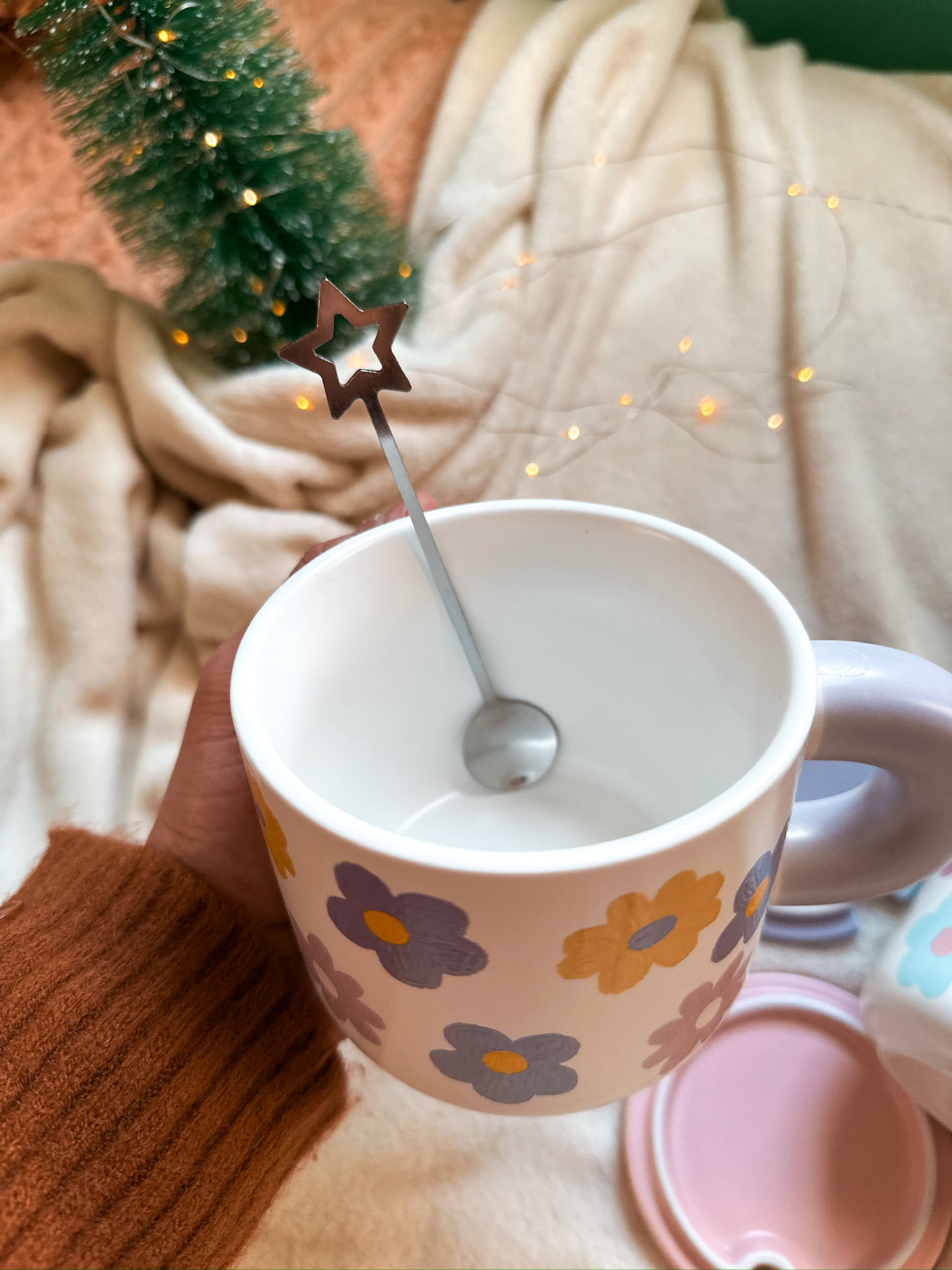 Ceramic handmade cute mug flowers with a spoon