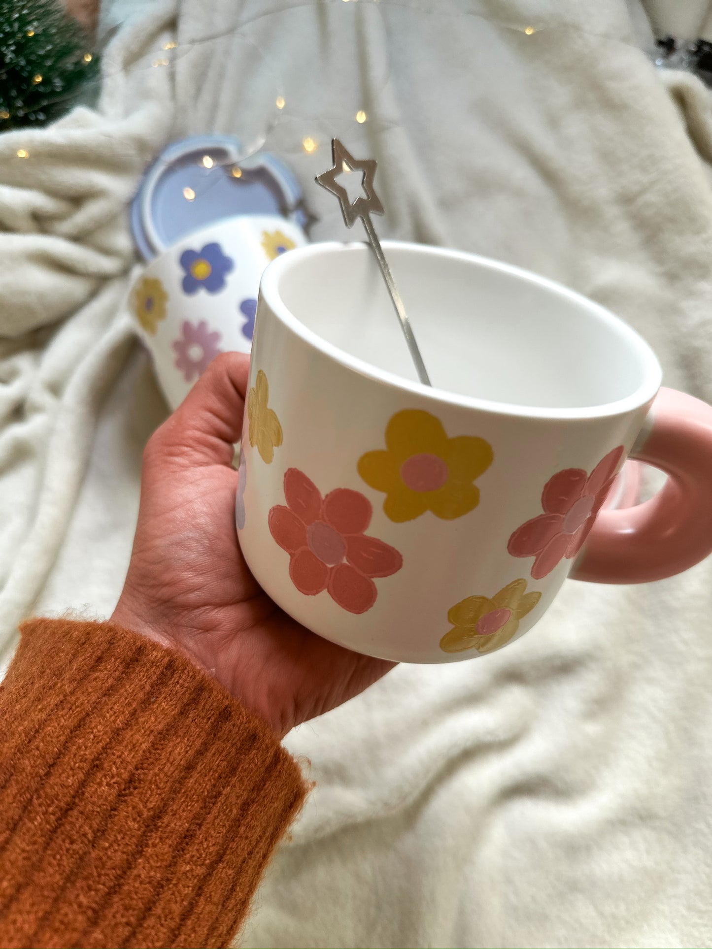 Ceramic handmade cute mug flowers with a spoon
