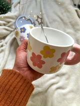 Ceramic handmade cute mug flowers with a spoon