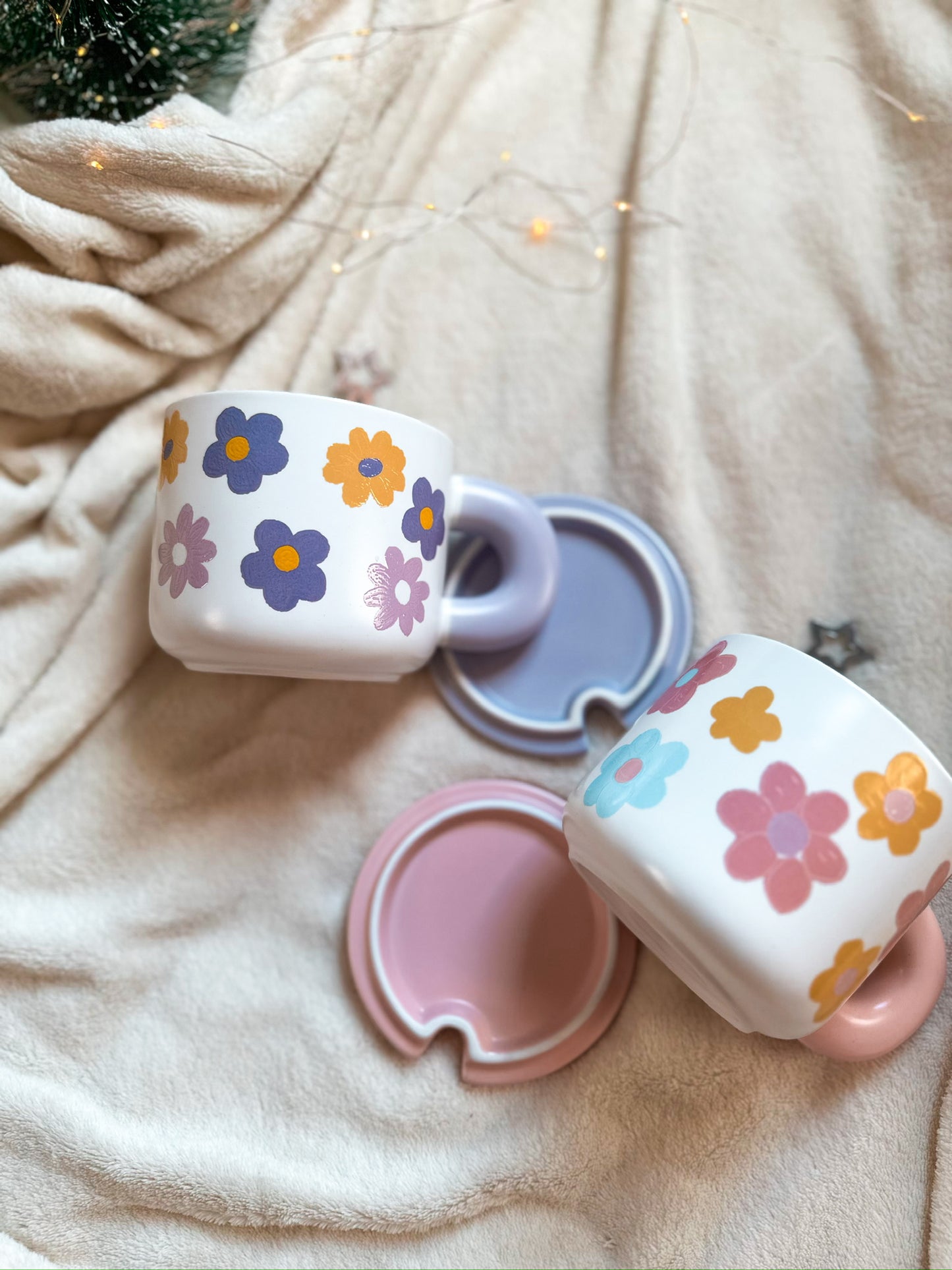 Ceramic handmade cute mug flowers with a spoon
