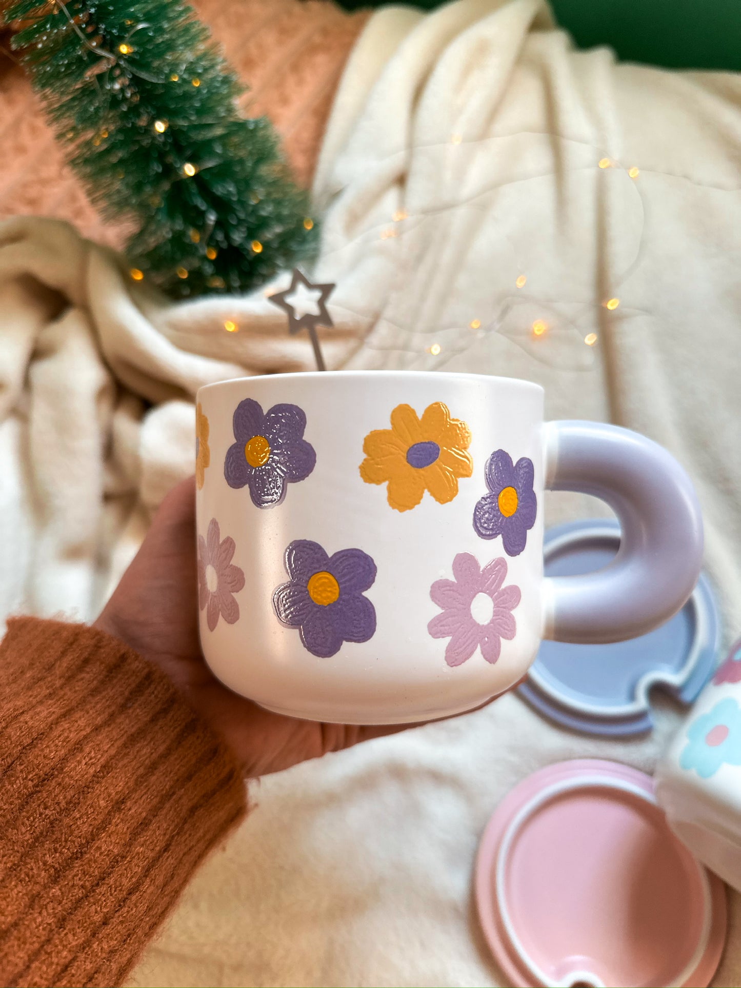 Ceramic handmade cute mug flowers with a spoon