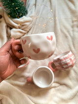 Cute Coffee Mug with Pink hearts and roses, Handmade