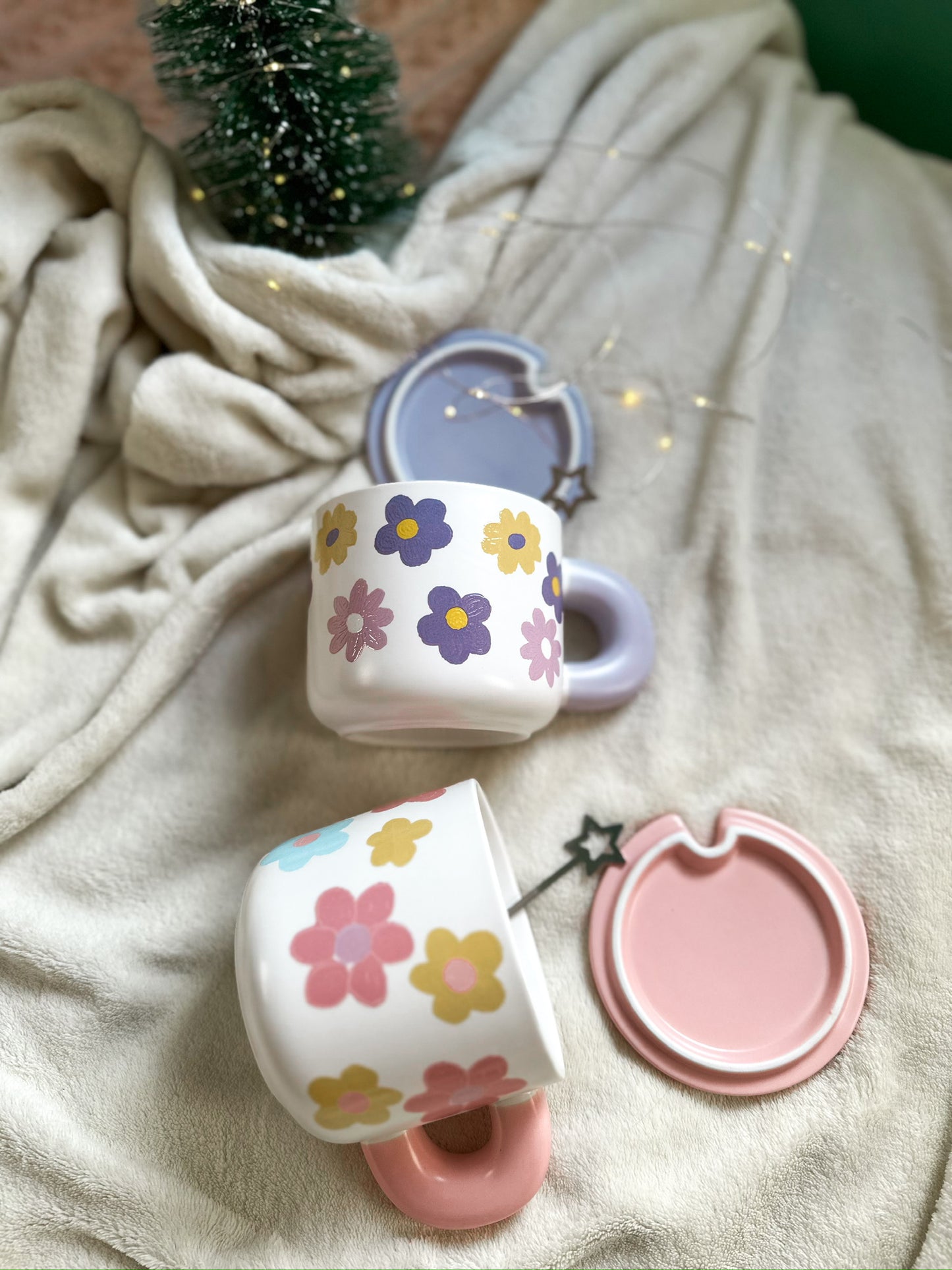 Ceramic handmade cute mug flowers with a spoon