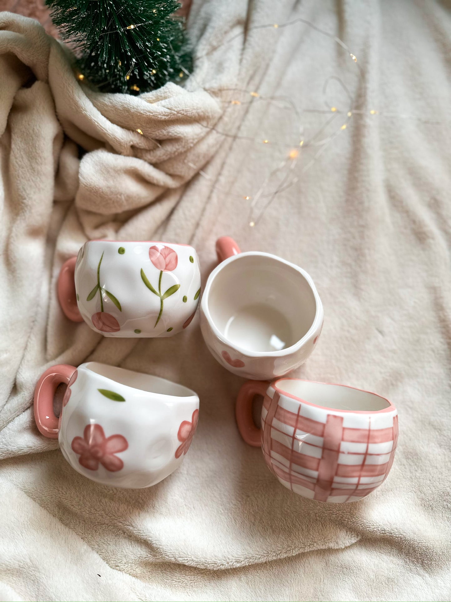 Cute Coffee Mug with Pink hearts and roses, Handmade