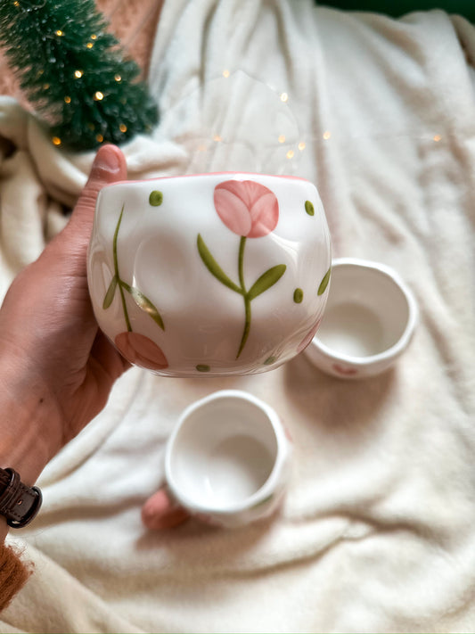 Cute Coffee Mug with Pink hearts and roses, Handmade