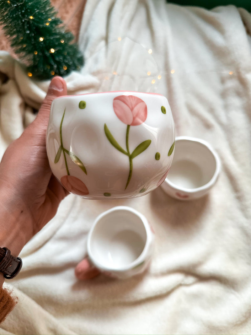 Cute Coffee Mug with Pink hearts and roses, Handmade