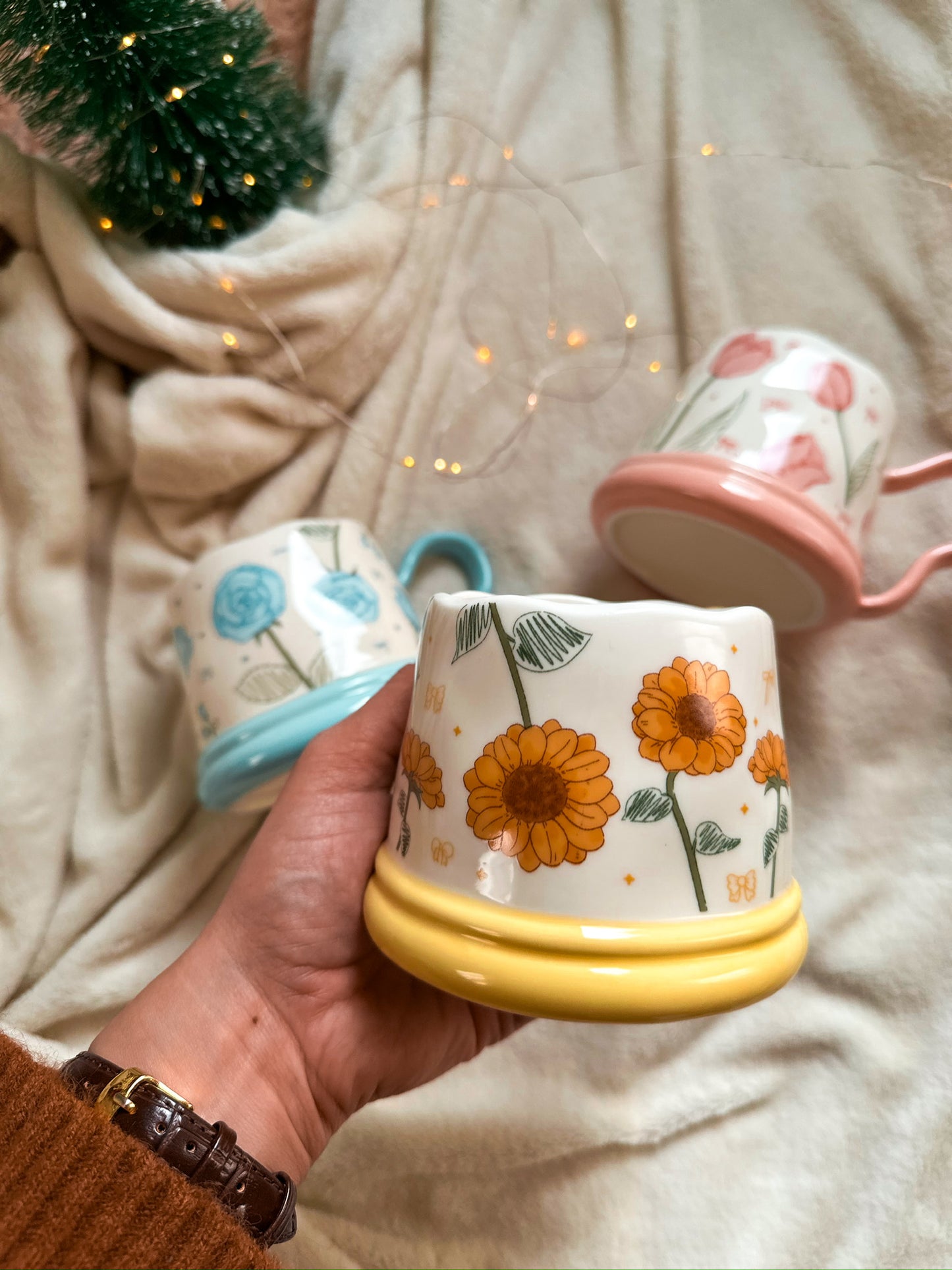 Cute Coffee Mug with colored roses, Handmade