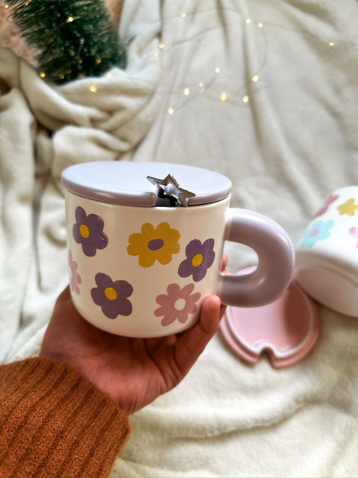 Ceramic handmade cute mug flowers with a spoon